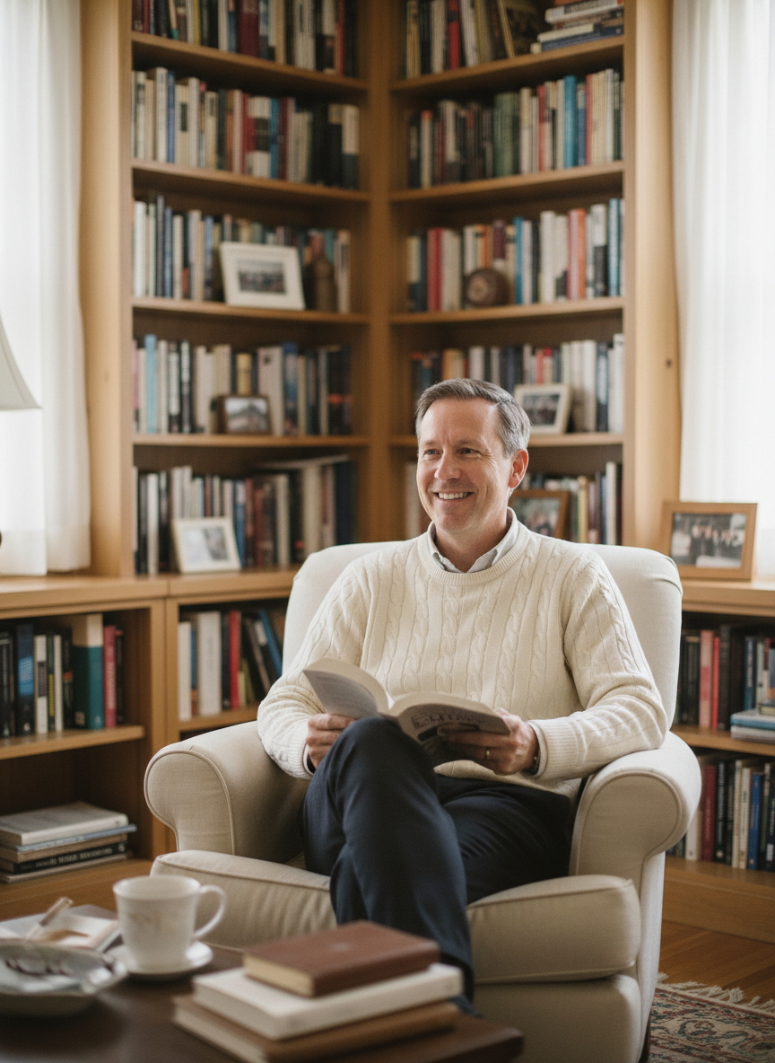 A warm, approachable candid portrait of a pastor author sitting in a home study surrounded by bookshelves, holding a book, natural window light, genuine relaxed smile