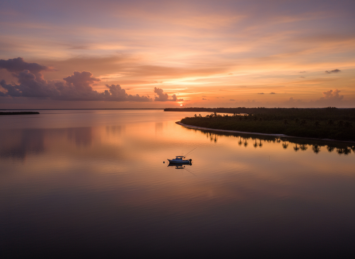 A stunning wide-angle cinematic sunrise over a large Florida back bay or ocean inlet — vast open water stretching to the horizon, calm glassy surface reflecting deep amber, rose gold, and soft purple sky, dramatic clouds catching the first light, a silhouette of a small fishing boat anchored in the middle distance, no people visible, coastal Florida mangroves or palms along the far shoreline, photorealistic, peaceful and spiritual atmosphere, golden hour lighting