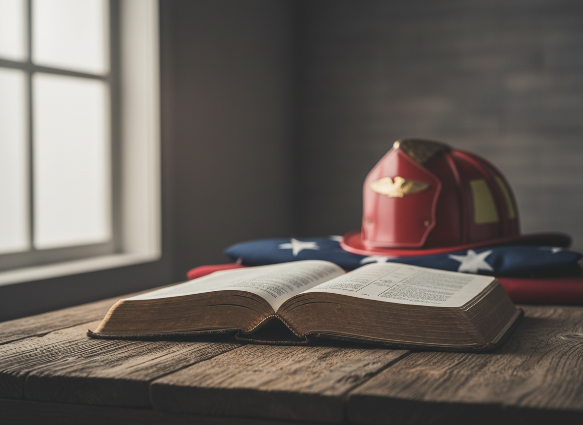 Weathered open Bible in soft window light with a folded flag and firefighter helmet in the softly blurred background.